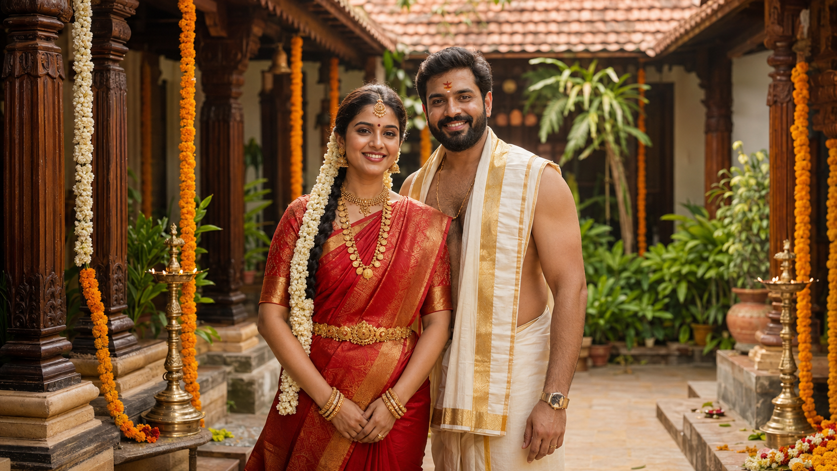 South Indian Bride and Groom in Courtyard